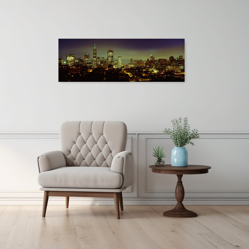 Buildings Lit Up At Night San Francisco California USA 1 Piece Wrapped Canvas Panoramic Wall Art, 30.48 cm H x 91.44 cm W