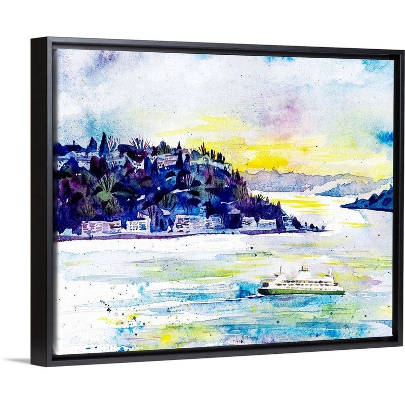 "Elliott Bay ferry-Seattle, Washington" par Eleanor Doughty, reproduction d’art sur toile, Toile avec cadre noir