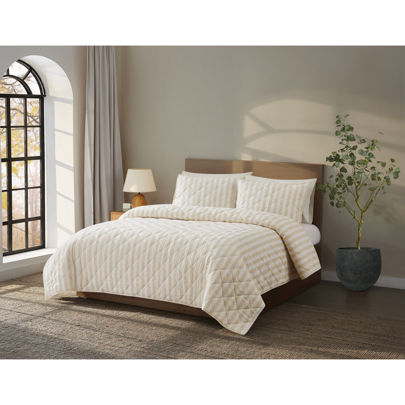 Brooklyn Loom Levi Stripe Quilt Set, White/Ivory, King Quilt + 2 King Shams