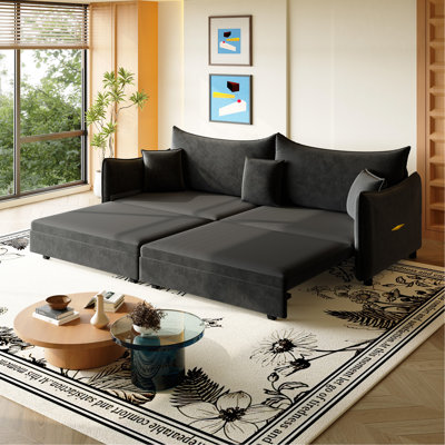 81.9" King Pull Out Sofa Bed,3-In-1 Convertible Sofa Bed With 3 Pillows & Golden Accent Detail Design, Modern Velvet 3-Seater Couch,For Small Space,Living Room,Apartment