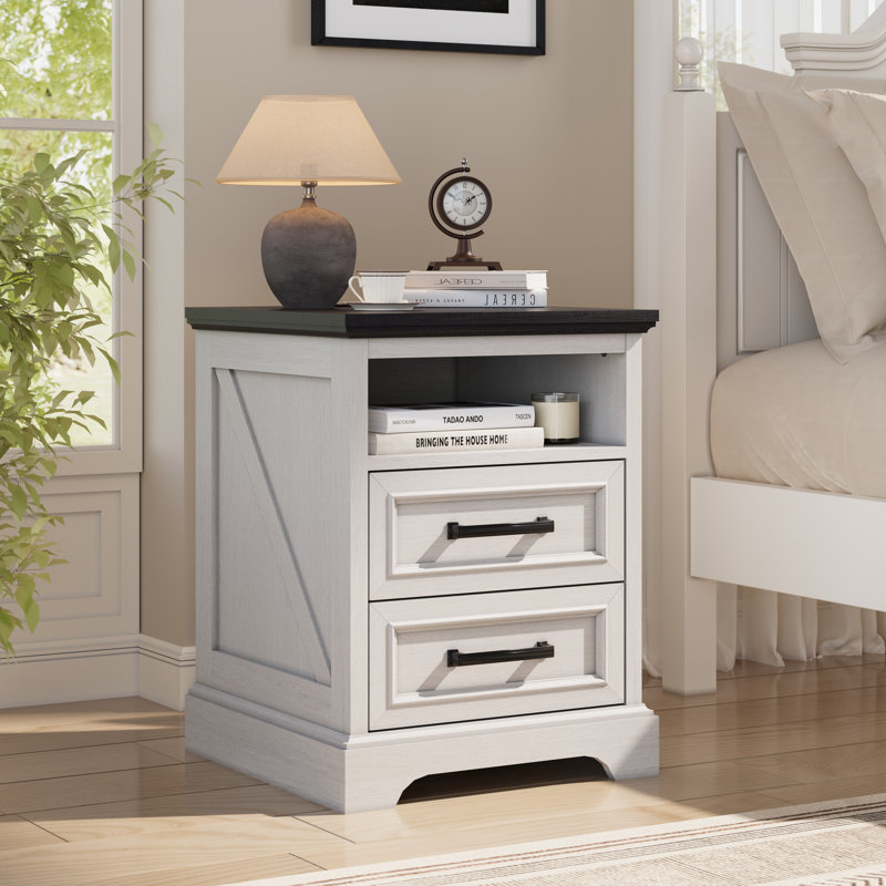 Wood 2-Drawers Nightstand With Charging Station, 24'' Tall Farmhouse End Table With Storage & Semi-Open Shelf, White / Black