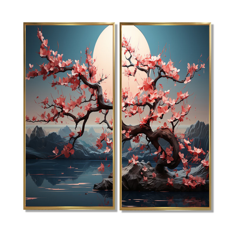 «Pink Cherry Blossom Twilight», paysage japonais - art mural traditionnel 2 pièces, H 40 po x l 40 po, Doré
