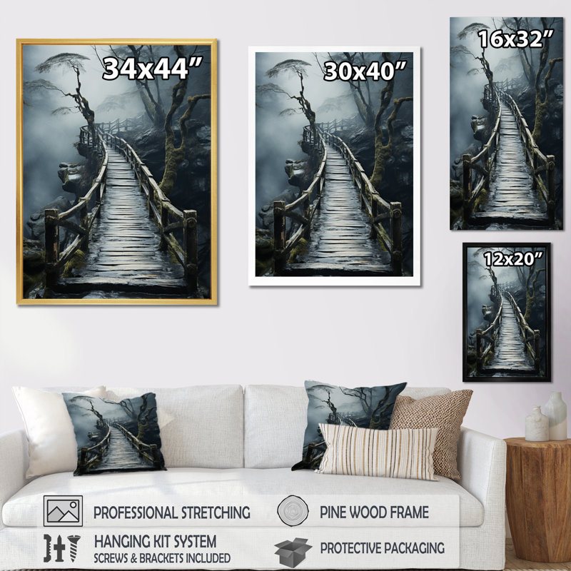«Belony Grey Bridge Tranquil Passage Slate», reproduction sur toile, H 44 po x l 34 po x P 1,5 po, Cadre flottant noir