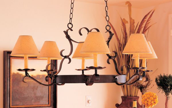 Handforged Oval 6 - Light Chandelier, Rustic Iron, Aged Celadon Parchment