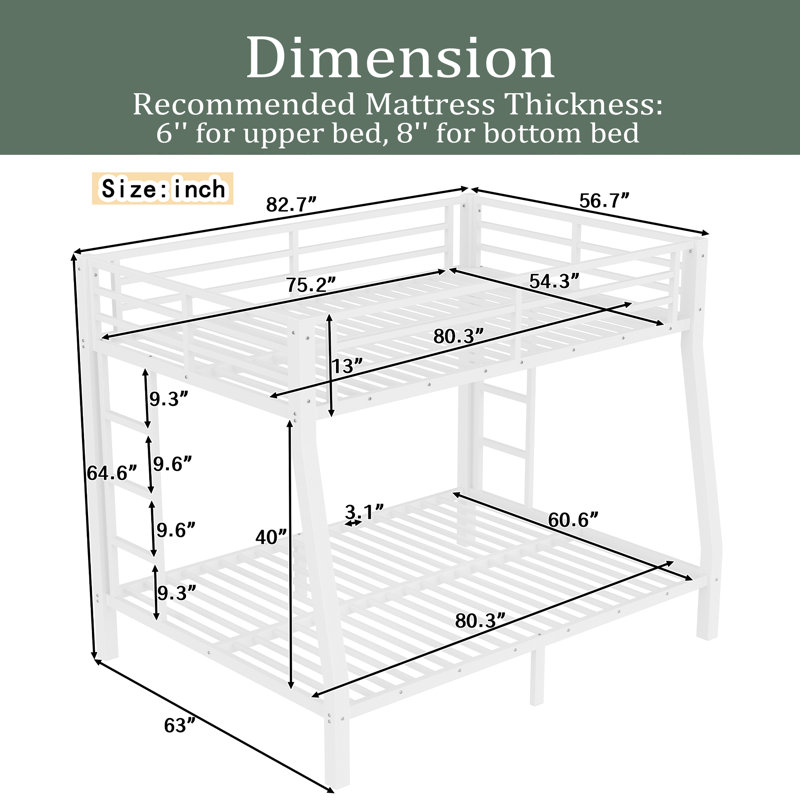 Metal Full XL Over Queen Bunk Bed For Teens And Adults,Space-Saving/Noise Reduced/No Box Spring Needed