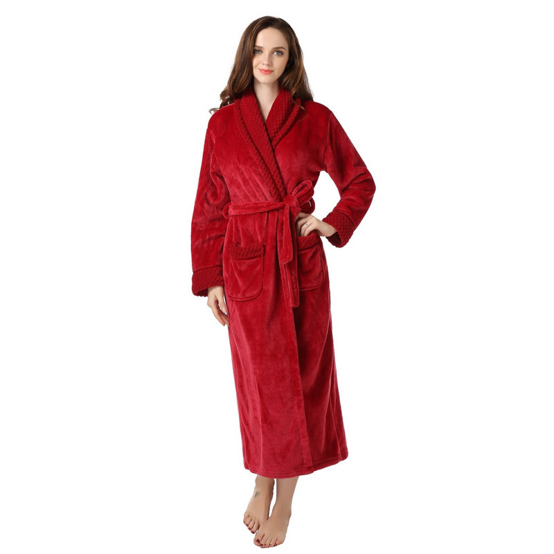 Alwyn Home Longue robe de chambre en molleton chaud et doux pour femme, TG, Rouge