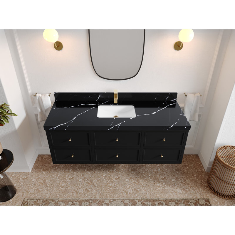 Roswell Floating 60'' Single Bathroom Vanity with Quartz Top, 2 IN Calacatta Black