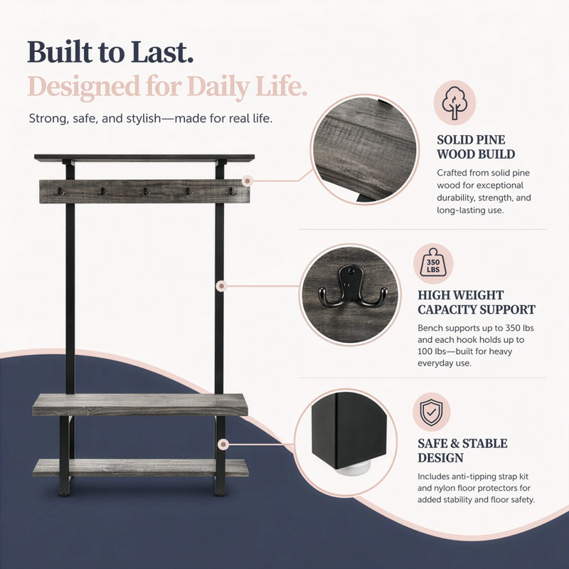 Pomona 48" Hall Tree with Open Storage, Slate Gray, Slate Gray