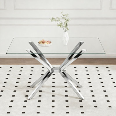 47.24" Rectangular Clear Tempered Glass Dining Table,Stylish Design with silver Metal Legs, Kitchen Table for Dining Room