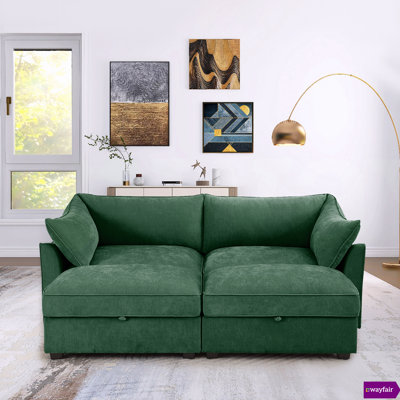 Worthland 78.7"W Chenille 2-seater sofa with two ottomans, pull-out storage drawers under each ottoman and seat, armrests crescent Devise.