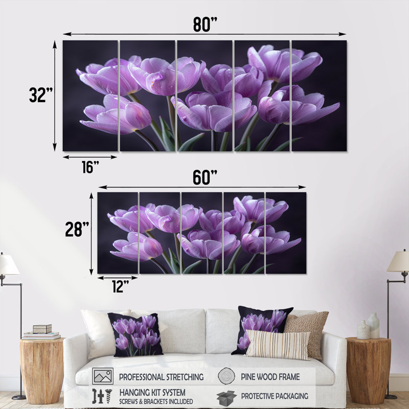 Mauve et gris Moody Majesty Tulips II - ensemble d'art mural sur toile, H 28 po x l 60 po