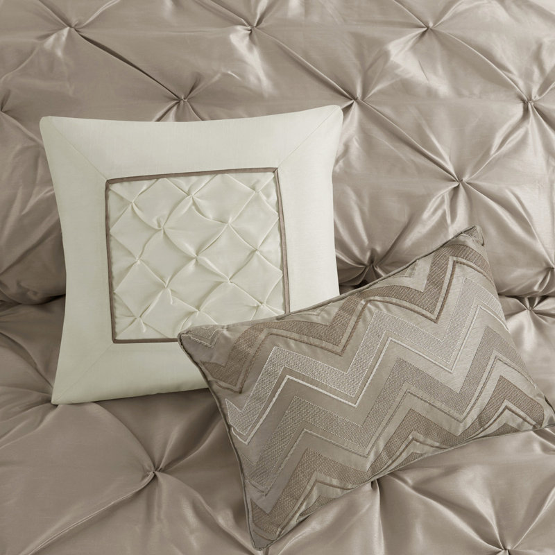 Édredon 7 pièces pour grand lit taupe - beau design, tissu, 1 édredon, 2 taies décoratives, 3 coussins, jupe de lit, élégant froissé, décoration lavable à la machine