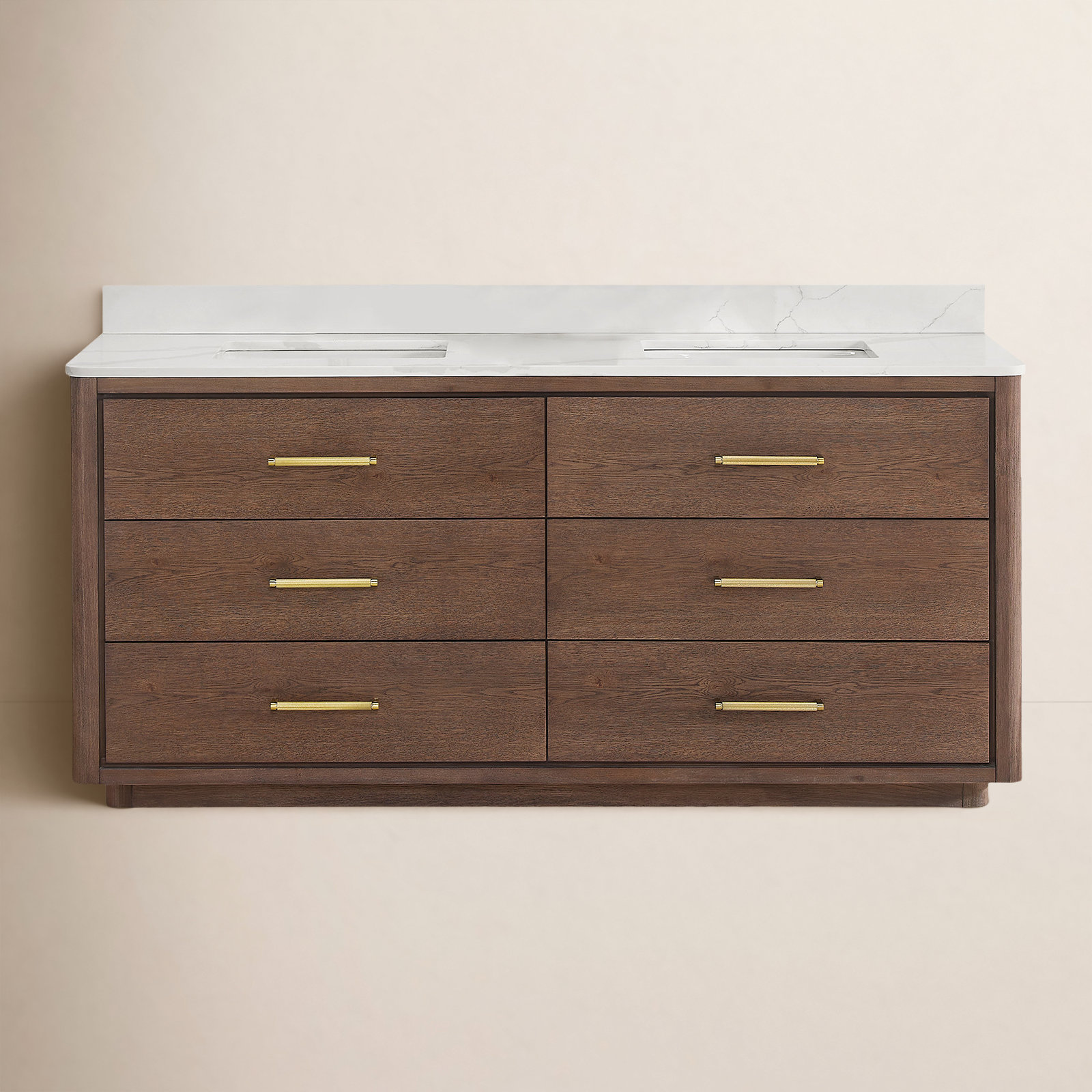 Porto 72'' Double Bathroom Vanity, Dark Brown Oak, Gold