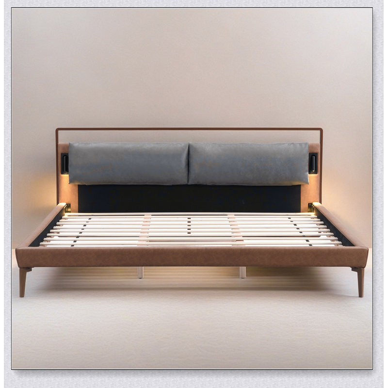 Brown&Gray Leather Bed With 2Pcs Night Lights, King