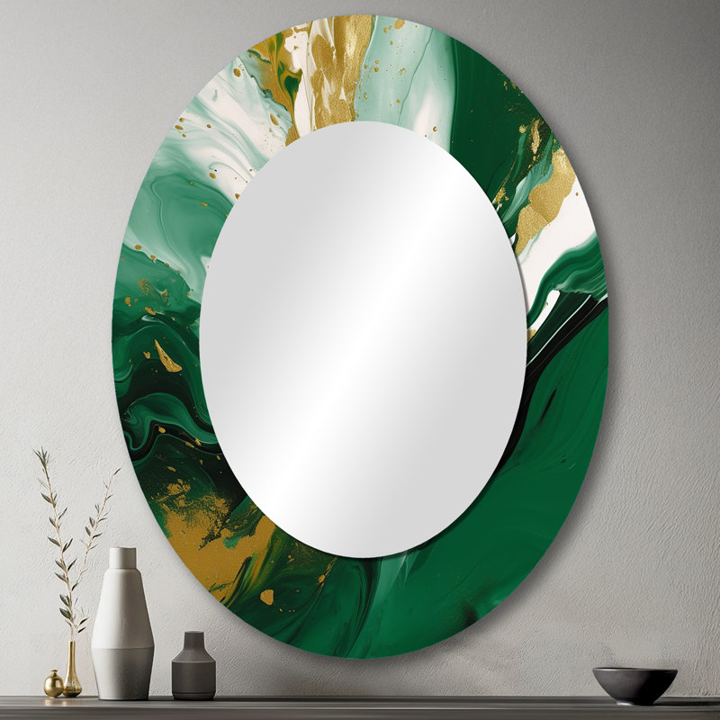 Vert et or liquide Magic II - miroir décoratif ovale abstrait sur métal, 43 po x 33 po