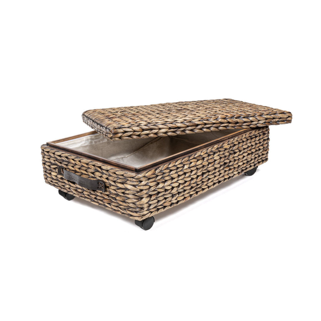 Chett 26.38" Minimalist Hand-Woven Hyacinth/Wood Underbed Storage Bin with Wheels and Handles happimess 