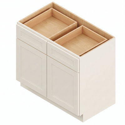 Armoire de base 42 po blanc doux prête à assembler avec portes en bois massif et tiroirs à queue d'aronde