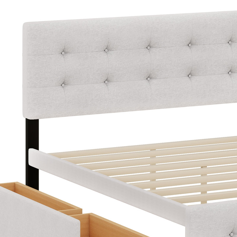 Lit plateforme tapissier avec tête de lit classique et 4 tiroirs, Blanc