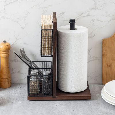 3-in-1 Farmhouse Kitchen Organizer – Paper Towel Holder, Napkin Holder & Spice Rack Caddy with Wood & Metal Design