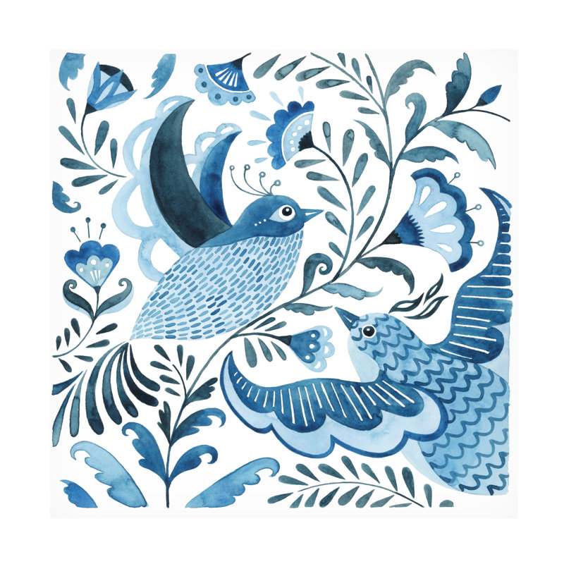 Blue Bird and Floral Canvas Art in White and Blue