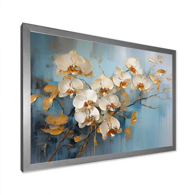 Orchidées beiges et dorées Simplicity IV sur toile, Cadre simple argenté, H 16 po x l 32 po x P 1 po