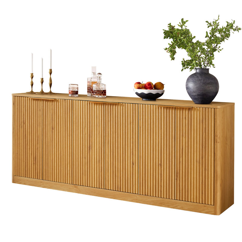 Modern Fluted Sideboard with Curved Edge, 6-Door Large Buffet Cabinet for Kitchen And Living Room, Natural