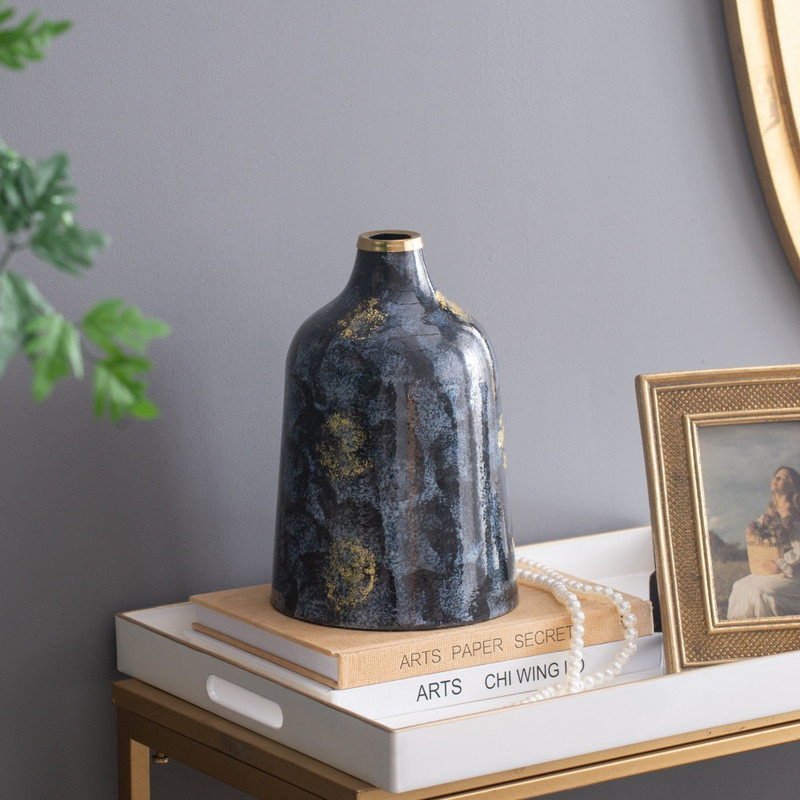 Élégant vase à fleurs en verre bleu et doré D6,7 x 10,2 pouces pour décorer la maison
