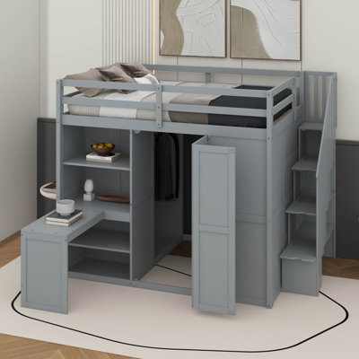 Lit mezzanine double avec garde-robe, bureau et tablettes