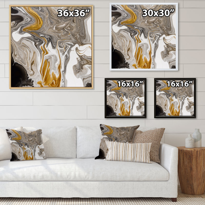 «Gold and Black Marble Waves III», reproduction d'art sur toile moderne, H 16 po x l 16 po x P 1 po, Cadre flottant doré