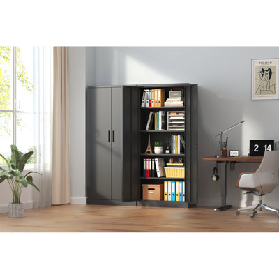 Armoire de rangement en métal 72 po H, armoire verrouillable en acier à outils noir avec portes et 4 tablettes, grands classeurs pour systèmes de rangement de garage verrouillables