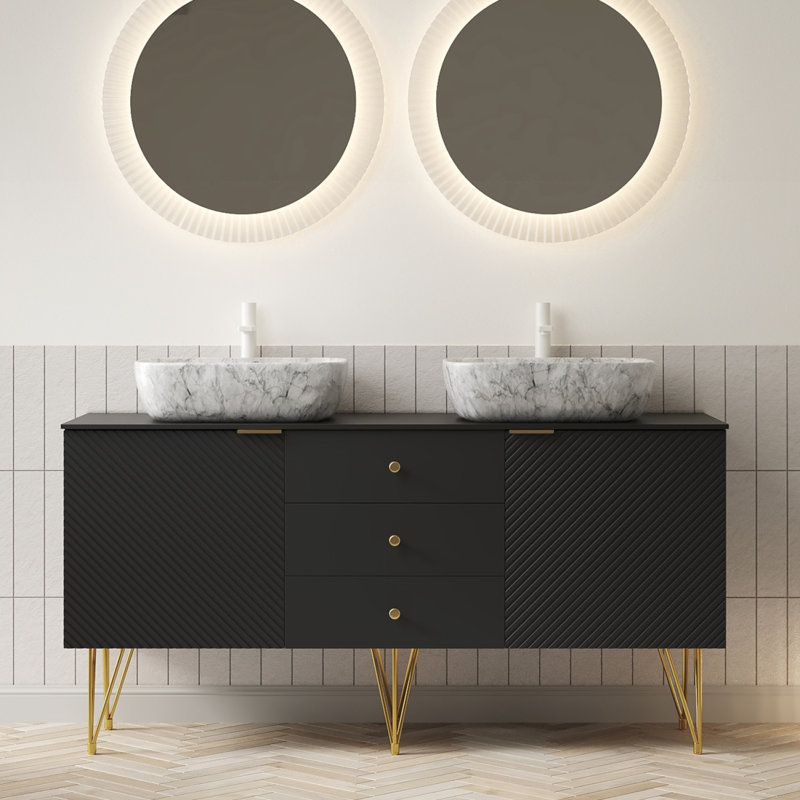 Meuble-lavabo 60 po avec lavabo, armoire autoportante en contreplaqué, 3 tiroirs et 2 portes