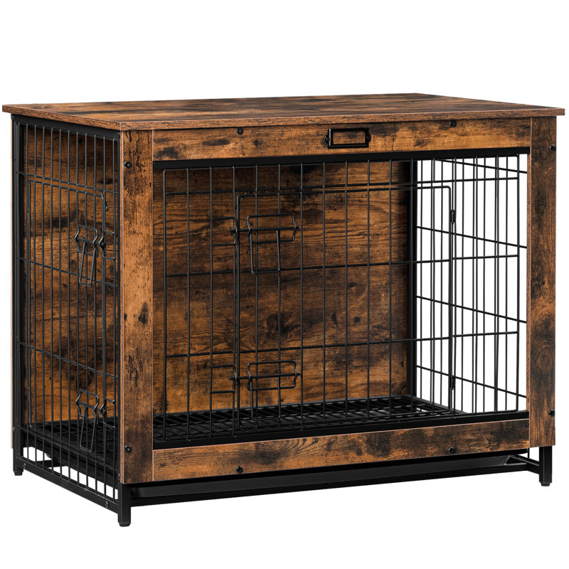 Caisse pour animal à double porte avec entrée verrouillable et plateau coulissant, H 25,4 po x l 31,5 po x P 21,7 po, Brun