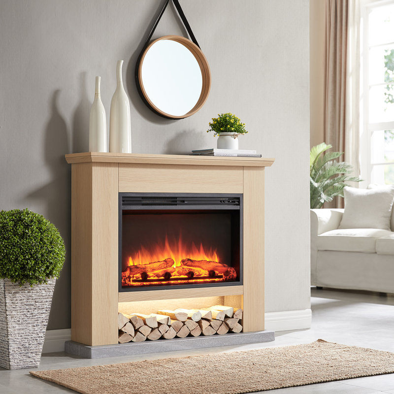 Fireplace Suite Camille, 39.5 Inch Mantel Surround, Espresso Oak With Light Grey Marble Finish, With 27 Inch Electric Fireplace Insert With Log Storage, Mood Light, 750w/1500w Heater, Weekly Timer, Remote Control