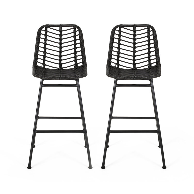 Gray and Black Wicker Outdoor Barstools with Iron Frame, Set of 2