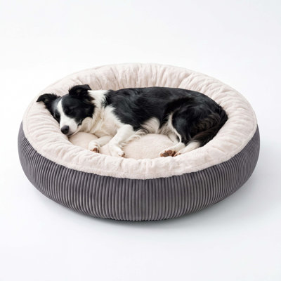 Round Donut Dog Bed, Soft Plush Calming Pet Nest Bed with Raised Rim, Cozy Grey‑White Warm Sleeping Cushion, Anti‑Slip Bottom for Small Medium Indoor Dogs & Cats