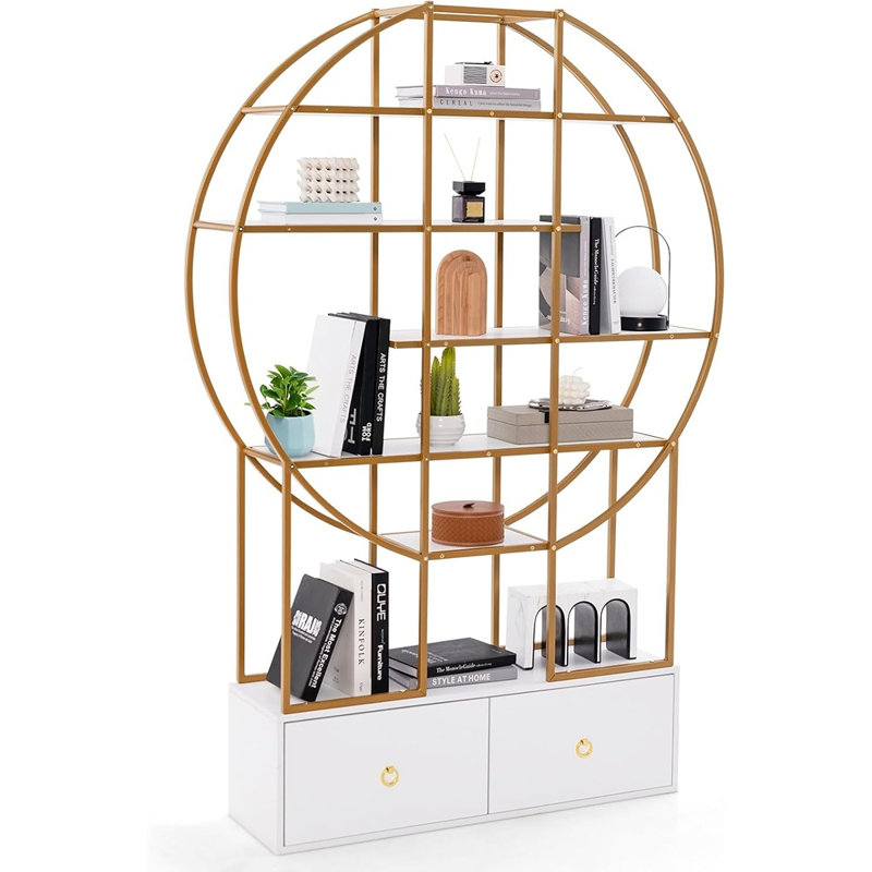 Bibliothèque ronde à 6 niveaux avec 2 tiroirs - Bibliothèque en métal de 71 po de hauteur avec tablettes ouvertes pour présentation sur pied - Finition dorée moderne