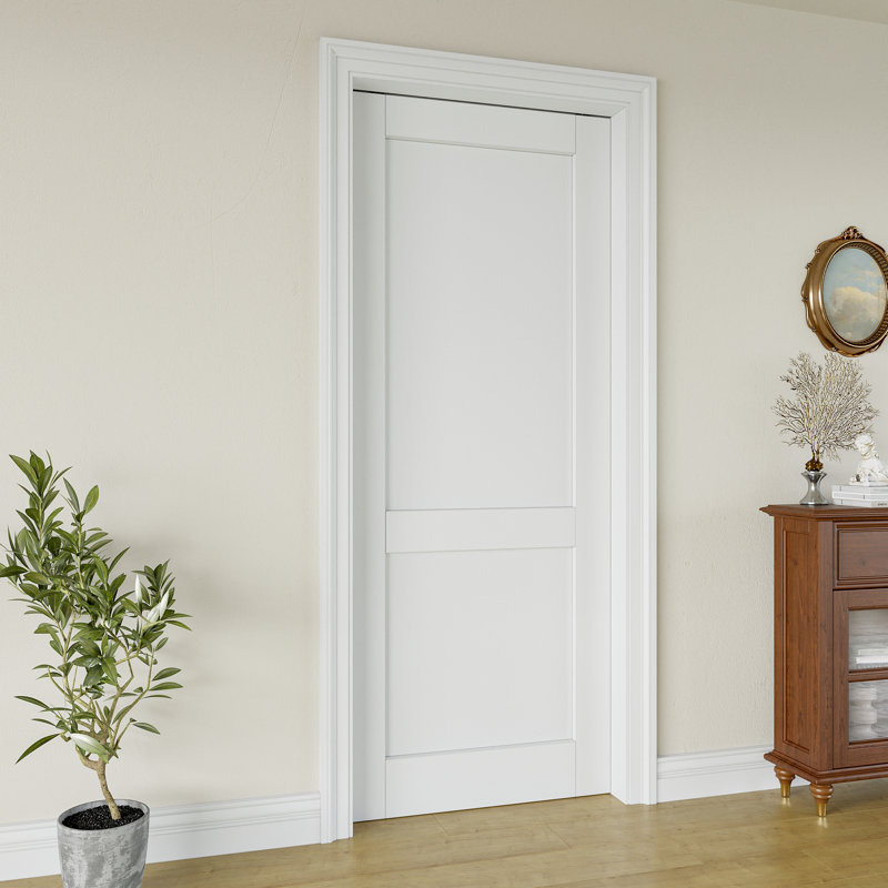 Intérieur de la porte intérieure à 2 panneaux, porte de poche en panneau de fibres à densité moyenne certifié CARB P2, avec cadre solide et ensemble de quincaillerie, porte de chambre coulissante pré-finie et imperméable, teinture facile à faire soi-même, pour garde-manger, chambre à coucher, salle de bain, garde-robe, buanderie et salon , 36 po x 80 po