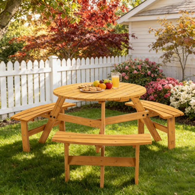 Table de pique-nique d'extérieur en bois massif avec 3 bancs intégrés et une table de camping pour 6 personnes