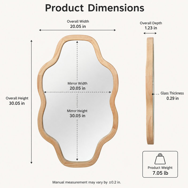 Miroir mural en bois massif en forme de nuage, finition naturelle