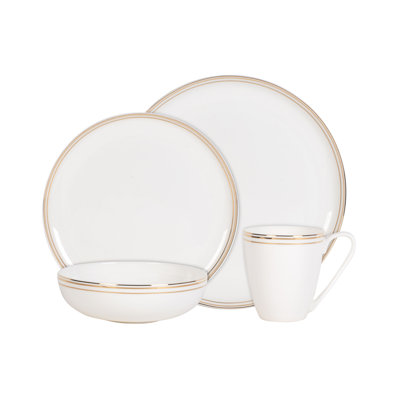 Fitz and Floyd Nevaeh White Coupe Gold 16-Piece Bone China Dinnerware Set, Service for 4