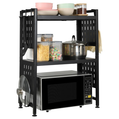 3 Tier Shelf Extendable Microwave Oven Rack Adjustable Bakers Rack For Kitchens Countertop Organizer Shelf With 4 Hooks And Pot Lid Support, Black