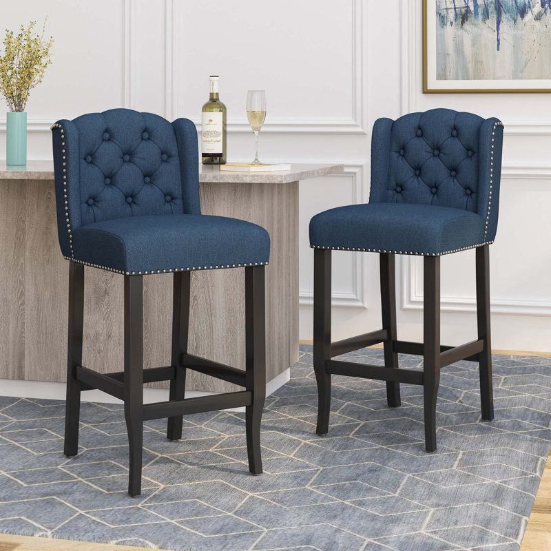 Tabouret de comptoir contemporain capitonné à oreilles en tissu, ensemble de 2, Bleu