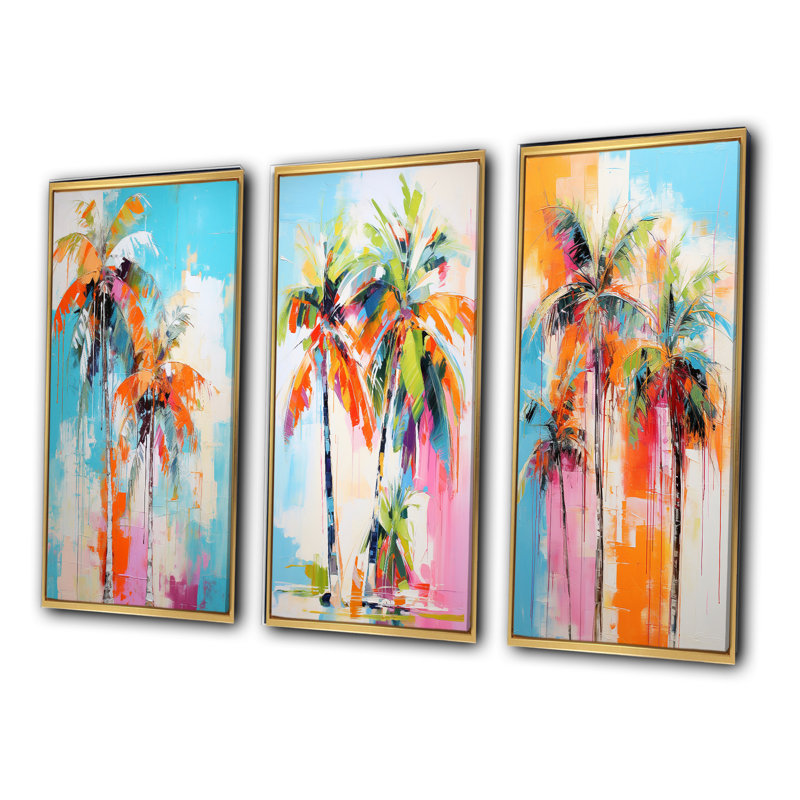 «Palm Trees Palm», 3 pièces sur toile, Cadre flottant doré, H 28 po x l 36 po