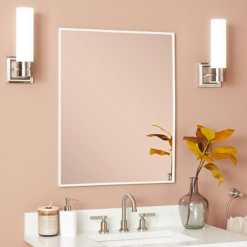 Satin White Rectangular Metal Framed Bathroom Mirror