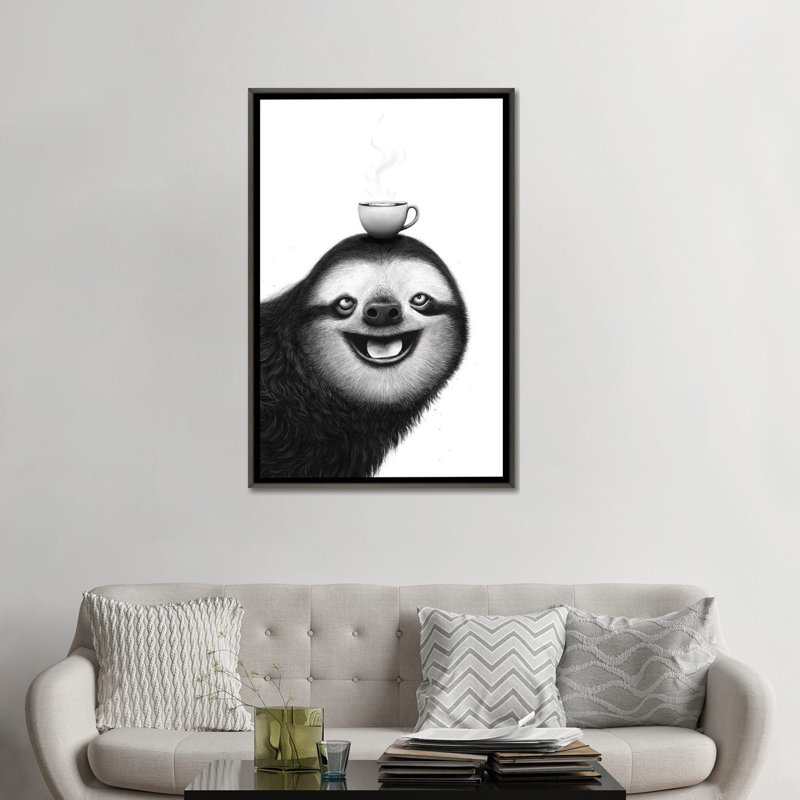 Paresseux avec cappuccino - reproduction d'art murale - toile encadrée, 48" x 32", Toile avec cadre, Grey