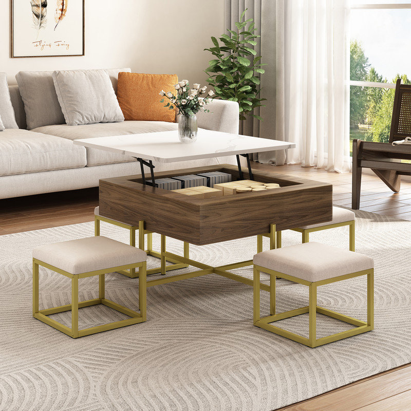 Ensemble de tables basses à plateau relevable moderne avec rangement et 4 repose-pieds blanc et noyer
