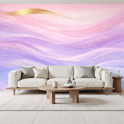 Papier peint adhésif pour enfants, abstrait, pastel, arc-en-ciel, coups de pinceau, accents dorés, dégradé doux, vagues murales, H 69 po x l 96 po, papier peint amovible en PVC, autocollant, pour chambre à coucher, bureau à domicile
