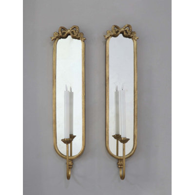Set of 2 Mirrored Wall Sconces with Decorative Iron Candle Holder