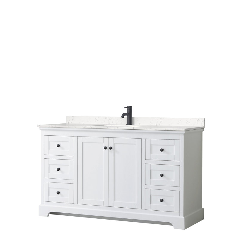 Ensemble de meuble-lavabo simple 60 po Avery, Marbre de culture de Carrare, Blanc, Noir mat