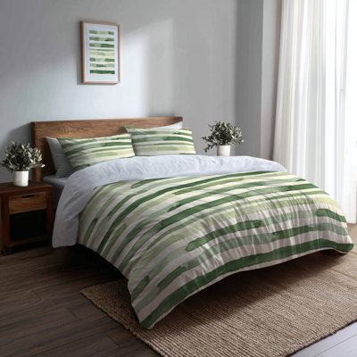 Ensemble de literie Country Farmhouse de 3 - Ensemble de housse de couette et coussin décoratif rayé vert et beige Marsh Line
